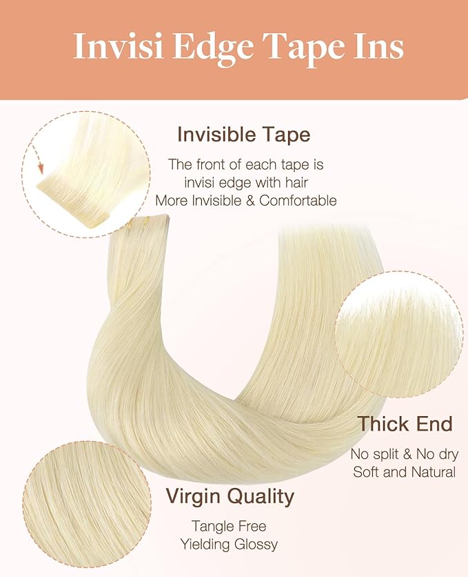 GOO GOO Invisi Edge Tape in Hair Extensions Human Hair, 60A Platinum Blonde, 10pcs 16inch 25g, Virgin Remy Hair, Seamless Injected Tape, Natural Look