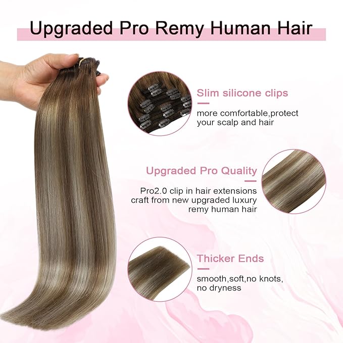 Pro2.0 Remy Real Human Hair Extensions Clip ins 120g Thick 7pcs #3/8/22 Walnut Brown to Ash Brown and Golden Blonde Remy Clip in Hair Extensions Real Human Hair 16inch（#3/8/22-16inch）