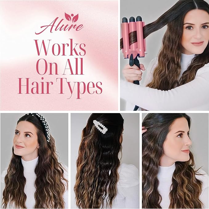 Alure Three Barrel Curling Iron Wand Hair Waver with LCD Temperature Display - 1 Inch Ceramic Tourmaline Triple Barrels, Dual Voltage Crimp (Rose Gold)