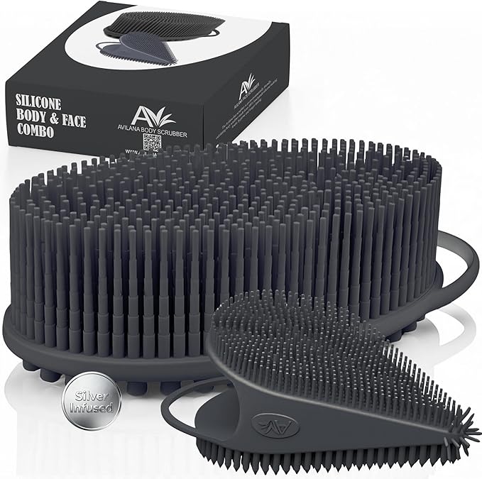 Silver Infused Body Face Scrubber Set - 2 Pack Premium Shower Brush Kit - Avilana Advanced Material Bath Loofah Alternative Complete Skincare System - Luxury Gift Set Women Men