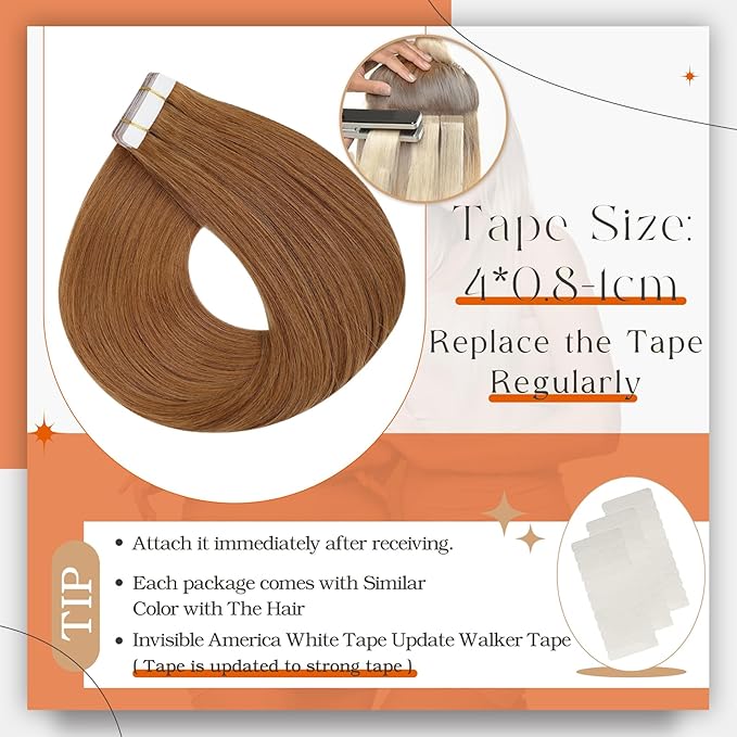 Full Shine Tape ins Human Hair Extensions 20 Inch Hair Extensions Real Human Hair Color 330 Orange 50Gram Remy Seamless Skin Weft 20Pcs Double Sided Tape ins Add Length for Women