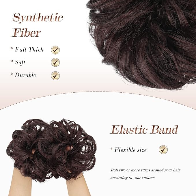 FESHFEN Messy Bun Hair Piece - Large Elastic Wavy Curly Hair Bun Scrunchies Ponytail Extensions Synthetic Chignon Hairpieces for Women, Black Cherry 1.94oz
