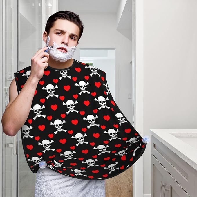 Adjustable Beard Catcher Apron, Black Red Love Heart Skull and Crossbones Shave Bib, Non-Stick Waterproof Grooming Bib, Shaving Essential for Men Dad Christmas