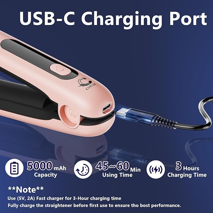 2-in-1 Cordless Hair Straightener & Curler – Includes Carrying Pouch – Mini Travel Hair Straightener with LCD Display, USB-C Charging, 4 Temp Modes up to 420°F and Long Battery Life