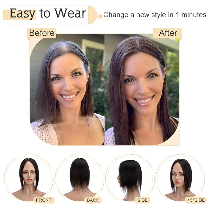 SEGO Human Hair Toppers for Women With Thinning Hair, 7 * 13CM Silk Base 100% Real Human Hair Clip in Top Wiglet Hairpieces /14 Inch No Bangs Natural Black