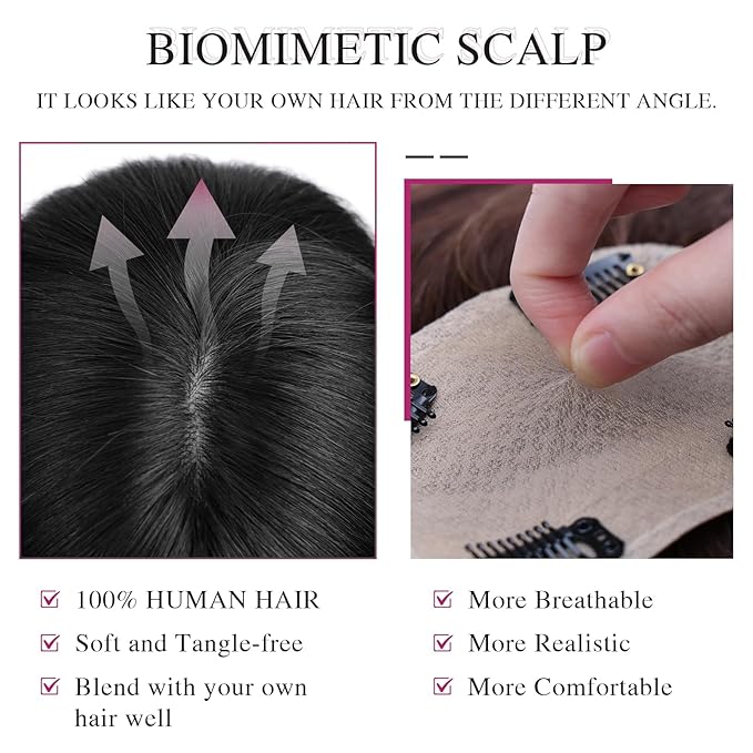 VERNA Real Human Hair Topper, 10 Inch 100％ Human Hair Toppers for Women with Thinning Hair, Large area Coverage Natural Black Hairpiece Wiglet for Daily Wear(8 * 11)