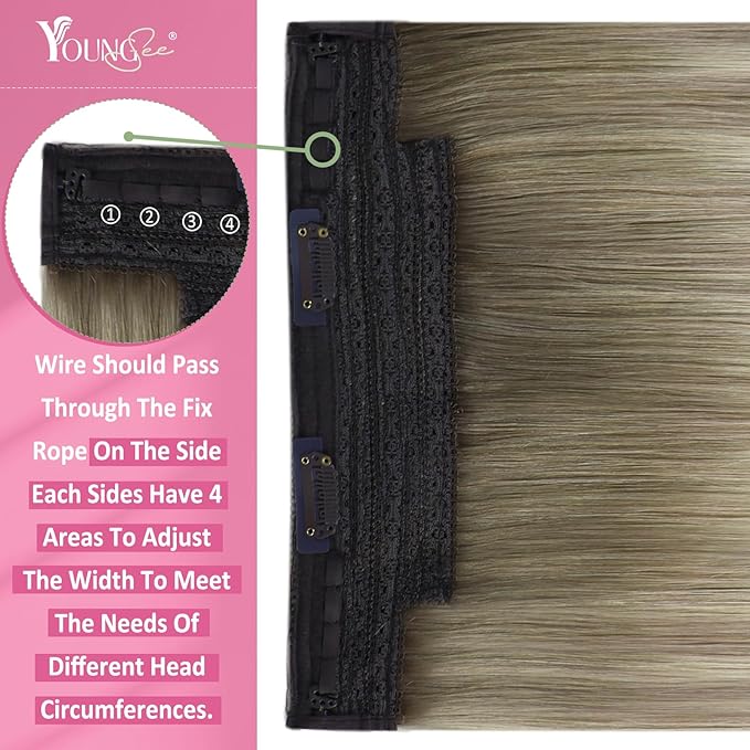 YoungSee 120G Wire Hair Extensions Human Hair Ombre Hair Extensions Invisible Wire Balayage Ash Blonde Ombre Platinum Blonde Fish Line Extensions 18Inch