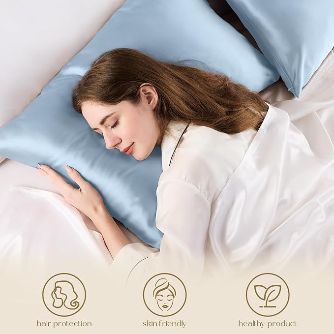 ZIMASILK 100% Pure Mulberry Silk Pillowcase for Hair and Skin Health,Soft and Smooth,Both Sides Premium Grade 6A Silk,600 Thread Count,with Hidden Zipper,1pc (Queen 20''x30'',Light Blue)
