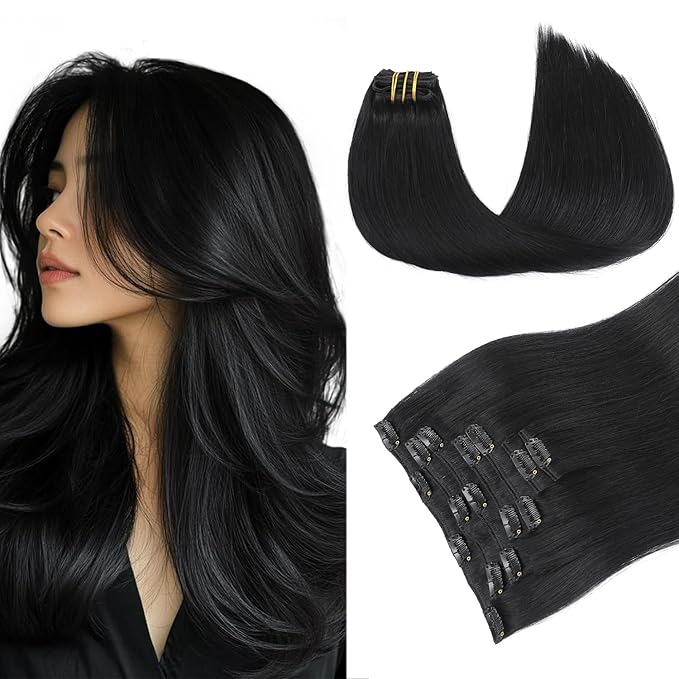 PINKPEARL Clip in Hair Extensions Real Human Hair #1 Jet Black Human Hair Extensions Clip ins 14 inch Extensions Human Hair Clip 120g 7pcs Straight Thick Natural Human Hair(#1-14)