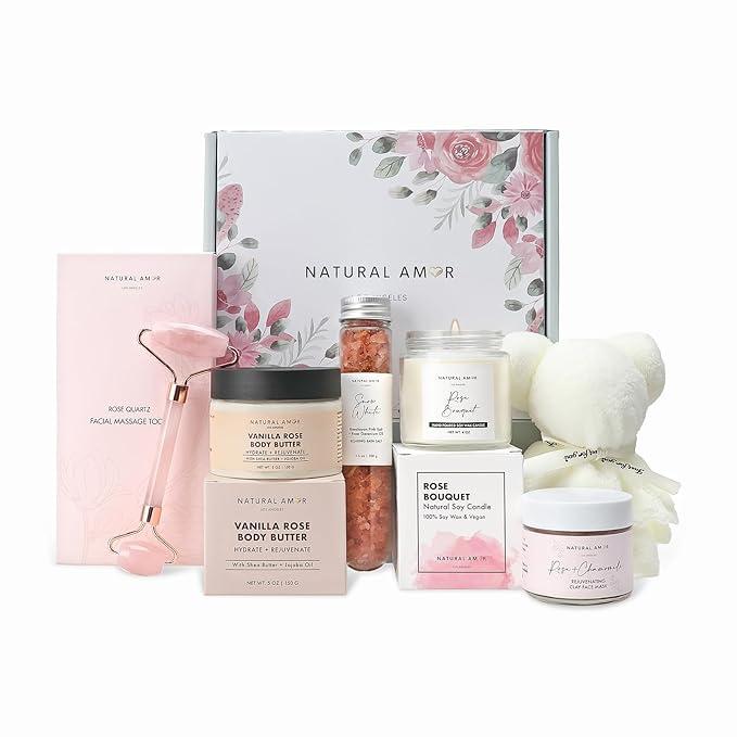 Natural Amor Rose Spa Gift Set – 6 pcs Handmade Self-Care Kit with Body Butter, Bath Salt, Clay Mask, Candle, Jade Roller & Bear Headband – Relaxation Gift for Women