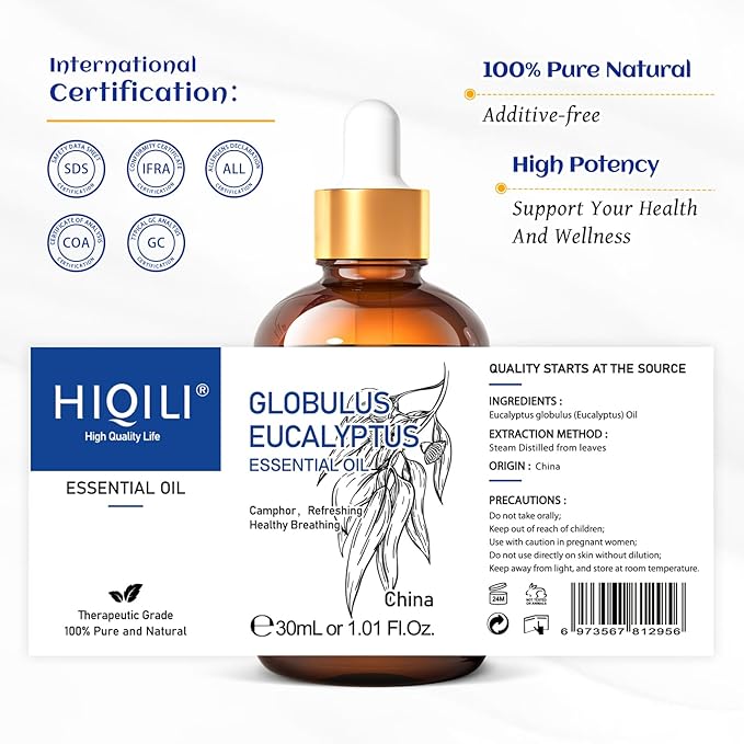 HIQILI Eucalyptus Essential Oil 1 Fl Oz, 100% Pure Natural Therapeutic Grade, Premium Grade Glass Dropper for Diffuser, Humidifier, Air Freshening, Cleaning, Home, Skin