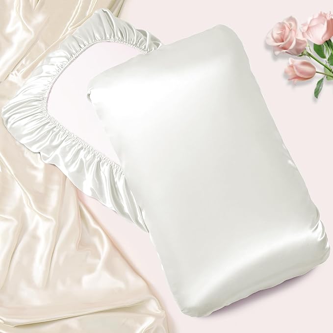 Manyshofu Satin Pillowcases for Hair Protection - 1Pcs White Pillow Cases, Elastic Band Standard & Queen Satin Pillowcases Luxury Silky Pillow Cases Travel Pillow Covers