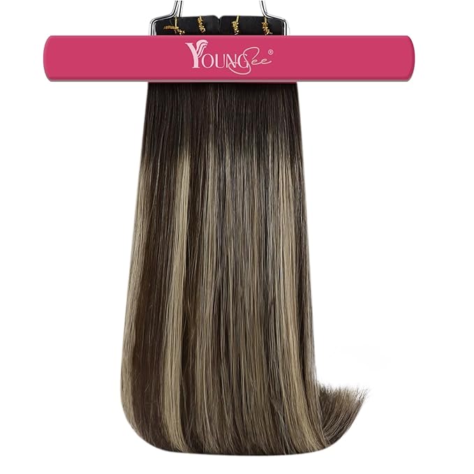 YoungSee Tape in Extensions Human Hair Balayage Tape in Hair Extensions Ombre Dark Brown to Ash Blonde 14 Inch Remy Human Hair Tape-in Extension for Women 20pcs 50g