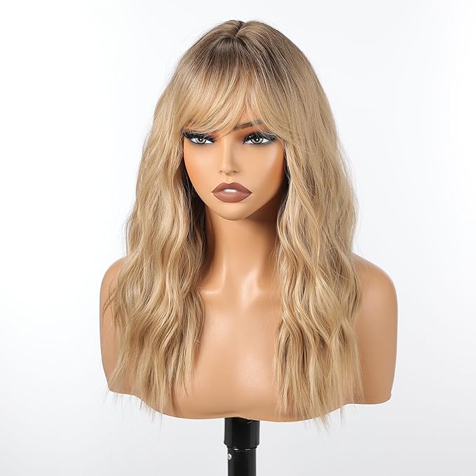 Blonde Wig with Bangs,Ombre Blonde Wavy Wigs for Women,Shoulder Length Curly Synthetic Hair Wig for Party Daily Use 18IN