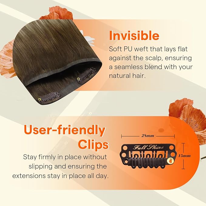 Full Shine Seamless Clip in Hair Extensions Real Human Hair, 18Inch Balayage Brown to Ash Brown Highlight Medium Blonde Clip in Hair Extension with PU Weft for Women, 4Pcs 85g