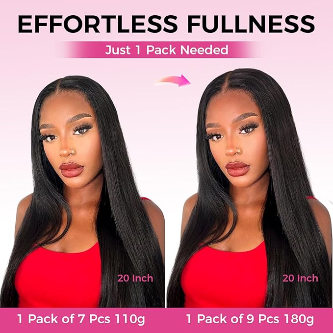 Lashey Seamless Clip in Hair Extensions Human Hair Extensions, 180g 9pcs Straight Natural Black Fuller Real Human Hair Clip in Extensions 20 Inch