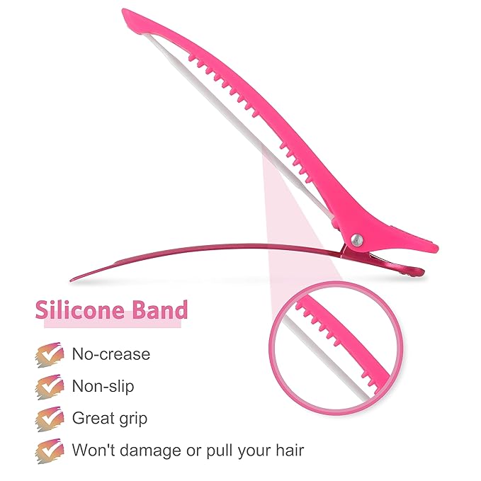 AIMIKE Hair Styling Accessories - 6pcs No-Crease Duck Bill Clips with Silicone Band for Sectioning, Roller, Cutting and Salon Use in Neon Colors
