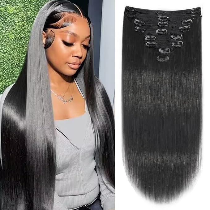 Clip in Hair Extensions Real Human Hair Clip ins 30 Inch Long Clip ins Remy Human Hair For Women Natural Straight Seamless Clip on Hair Extensions(30inch,#1B)