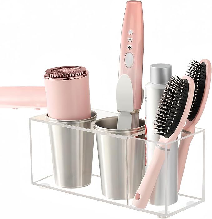 Hair Tool Organizer, Acrylic Hot Tools Organizer with 2 Stainless Steel Cups, Hair Tool Holder Wall Mount & Countertop for Dryer, Curling Iron & Brushes for Bathroom Vanity CHOCHOYAH