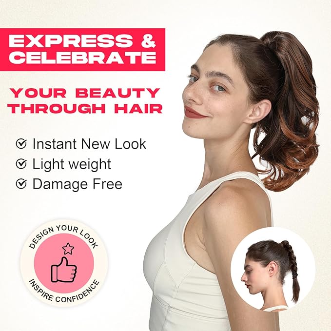 Ponytail Extension - 14" Claw Clip in Ponytail Hair Extensions Natural Soft Synthetic Layered Wavy Pony Tail Hair Pieces for Women - Natural Blonde with Highlights