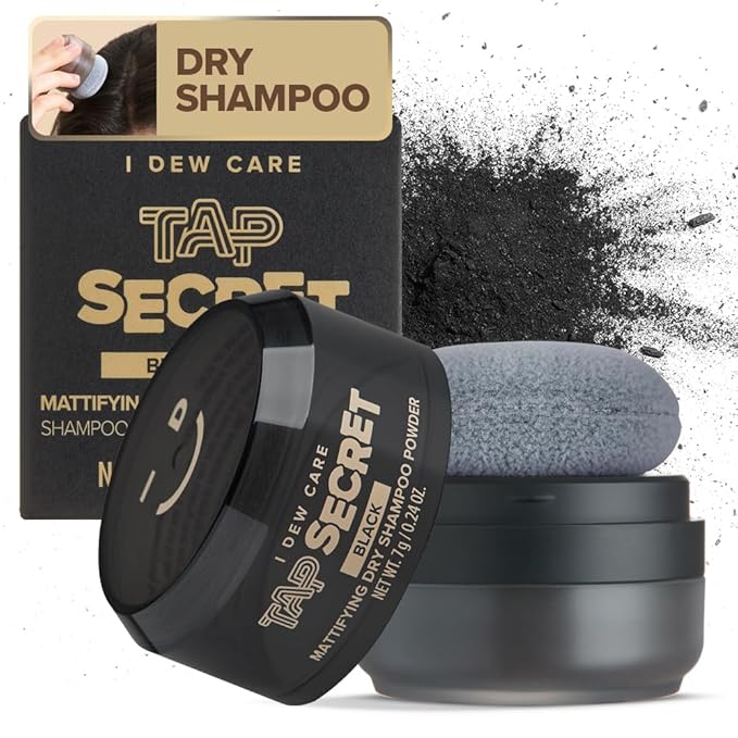 I DEW CARE Biotin Clarifying Dry Shampoo - Tap Secret Black | Strengthening & Volumizing, Powder Type, Refillable, Travel size, Non-aerosol, Brunette, Korean Ginseng, 0.24 Oz