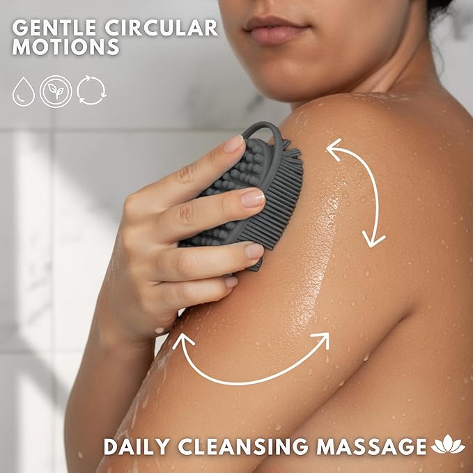 Silver Infused Silicone Body Scrubber Shower - Gentle Back Scrubber Soft Bristles - Avilana Premium Dual Sided Bath Brush Massage - Advanced Material Loofah Alternative - Gift Women Men