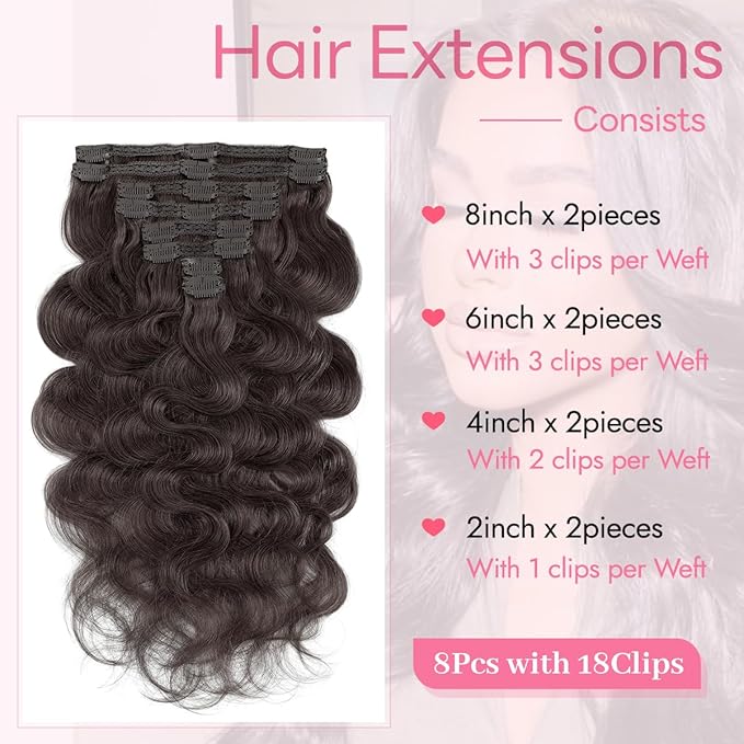 Clip in Hair Extensions Real Human Hair Body Wave 2 Dark Brown Clip in 100% Brazilian Remy Human Hair Extensions 8pcs Per Set with 18 Clips Double Weft 22 Inch 110g/3.6oz