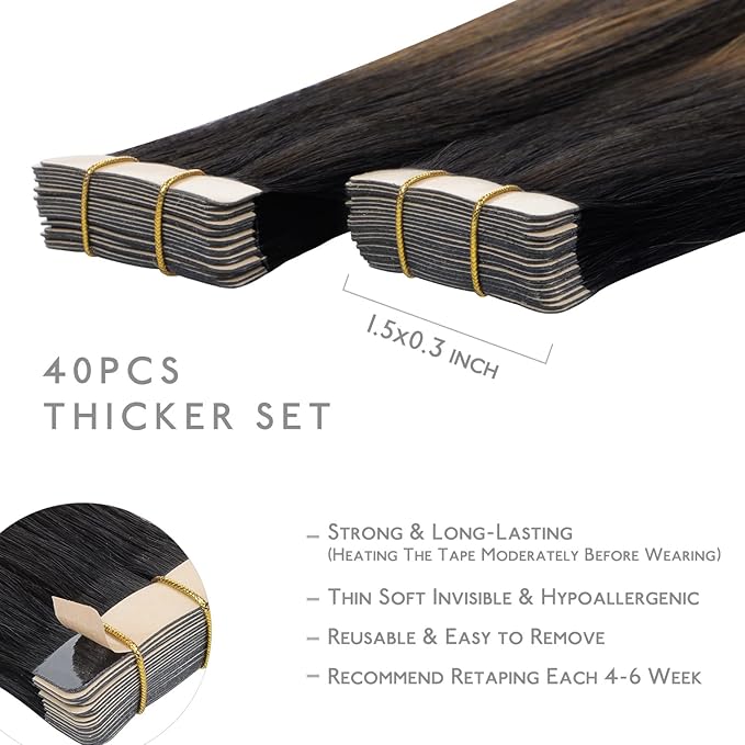 WENNALIFE Tape in Hair Extensions Human Hair, 40pcs 100g 24 inch Balayage Natural Black to Chestnut Brown Hair Extensions Real Human Hair Straight Tape in Extensions Invisible Human Hair Extensions