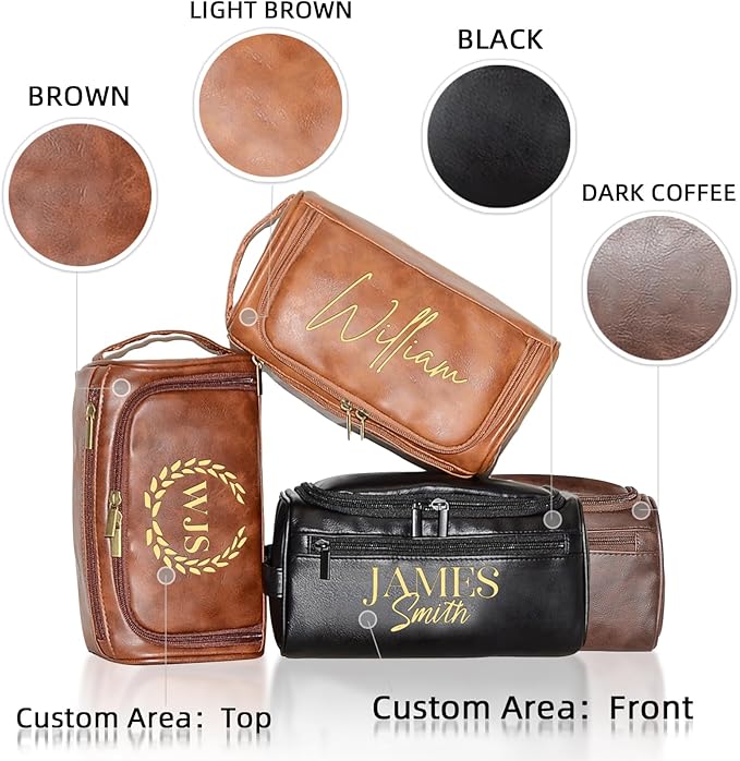Personalized Toiletry Bag for Men, Engraved Name Initials Toiletry Bag, Customized Monogram Travel Shaving Dopp Kit for Groomsmen, Gift for Christmas, Birthday, Dad, Husband (Dark Coffee)
