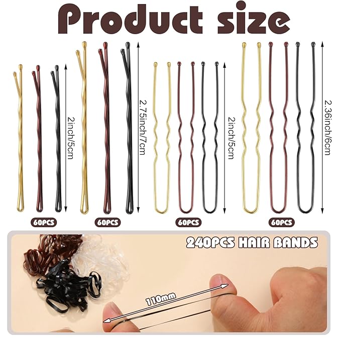 480 Pcs Bobby Pins Hair Pins Kit, U Shaped Hair Pins for Buns, Hair Pins for Women, Hair Rubber Bands with Box, 2/2.36/2.76inch Black Bobby Pins Brown Hair Blonde Hair Pins for Styling
