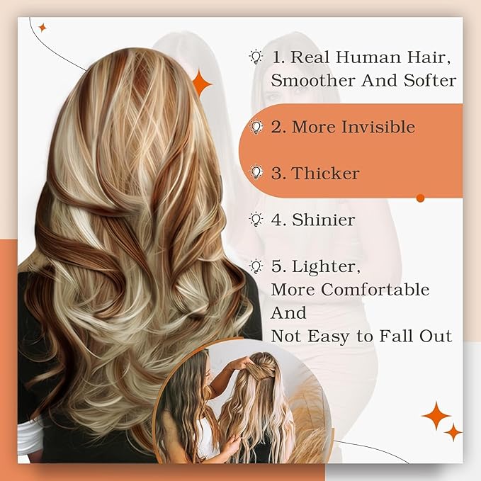 Full Shine Seamless Tape in Hair Extensions Color 330 Auburn Highlight Blonde Human Hair Extensions Tape in 18 Inch Invisible Tapes in Extensions Add Length for Women 50Gram 20Pcs Double Sided Tapes