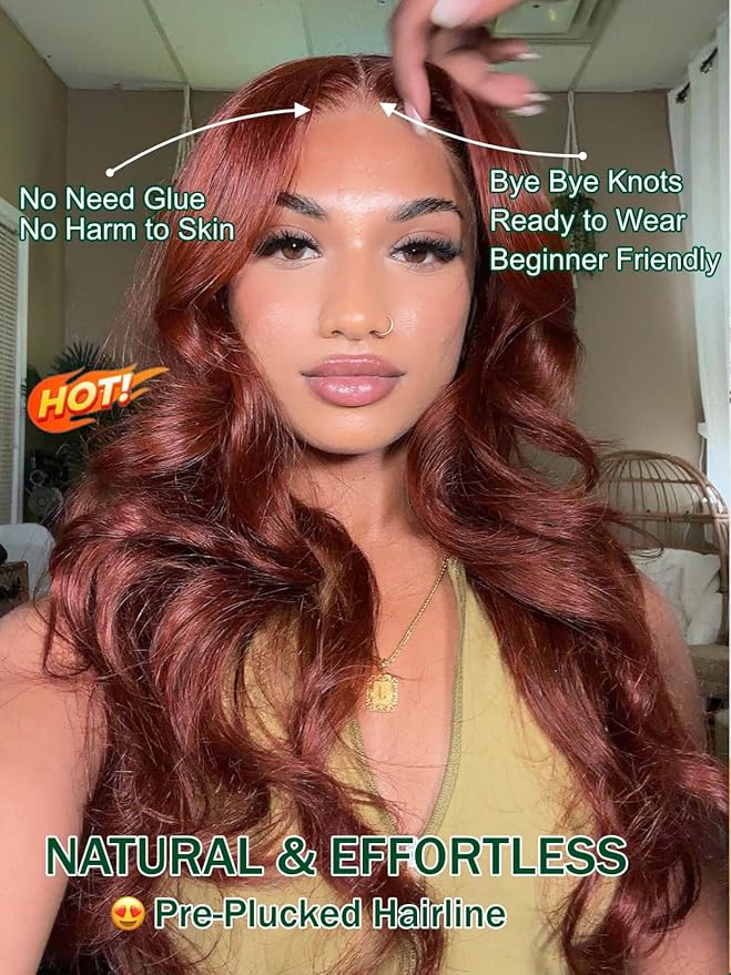 KLAIYI Bye Bye Knots Glueless Wig Reddish Brown Body Wave 7x5 Pre Cut HD Lace Front Wigs Human Hair Put On And Go Wig Pre Bleached Pre Plucked with Baby Hair 30S Ready To Wear 150% Density Full 20Inch