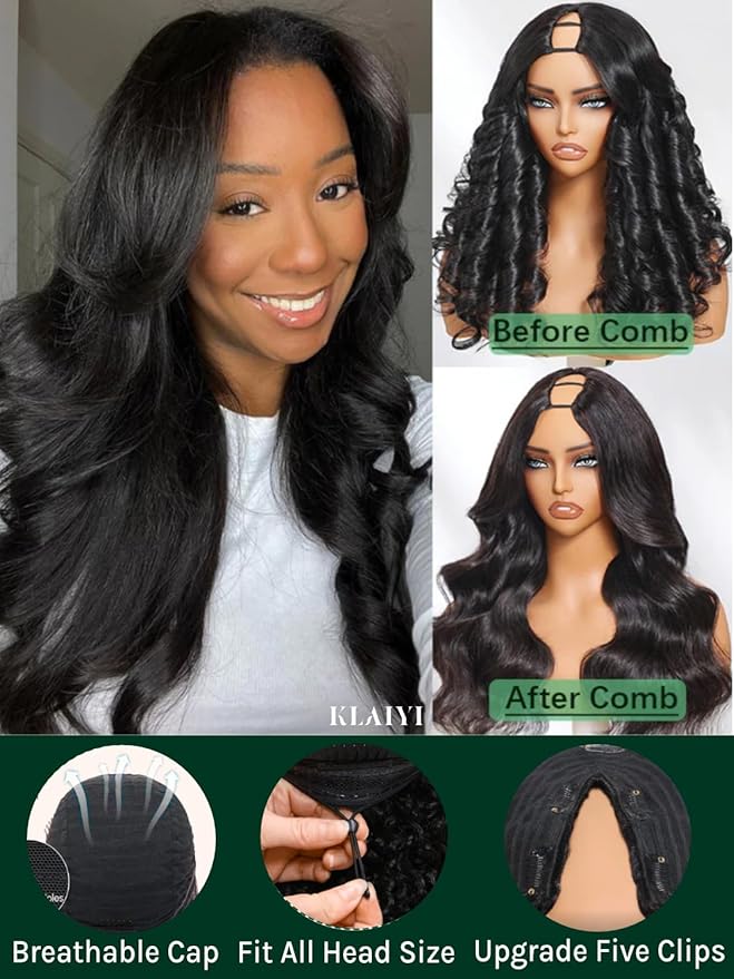 KLAIYI EasiContour V Part Wig Human Hair Body Wave Glueless Upgrade U Part Wig No Leave Out No Gel Clip in Half Wig V Shape Pull and Go Beginner Friendly Ready to Wear Natural Black Color 150% 24Inch