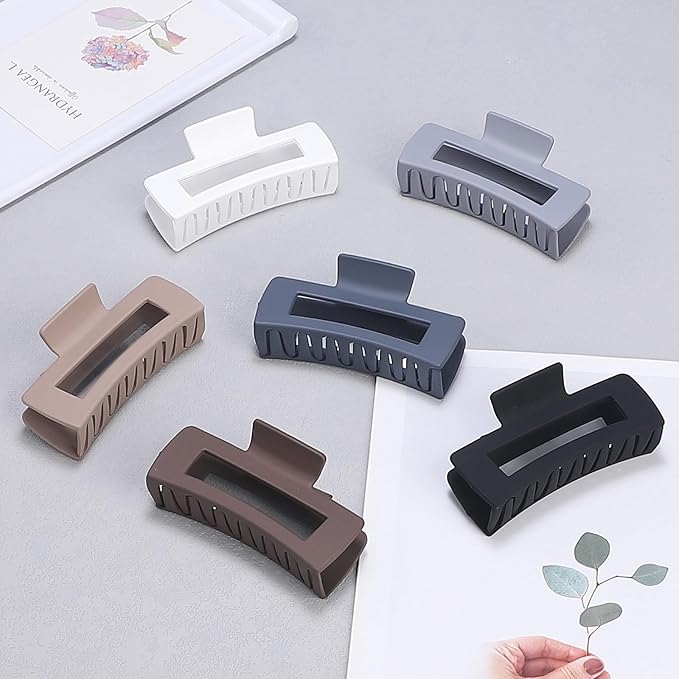 4 Inch Big Hair Claw Clips 6 Pcs Large Claw for Thick Hair Square Hair Clips for Women Rectangle Hair Clips Nonslip Acrylic Banana Jaw Clips Hair Accessories for Girls (Brown Grey)