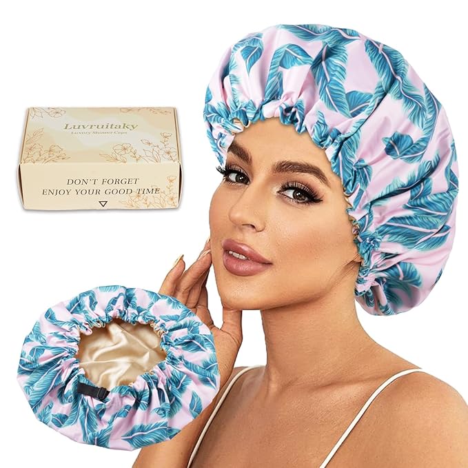 Large Shower Caps for Women Reusable Waterproof Satin Lined Shower Cap with Adjustable Band Double Layer Design Luxury Washable Bath Hair Bonnet (Pink Palm)
