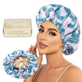 Large Shower Caps for Women Reusable Waterproof Satin Lined Shower Cap with Adjustable Band Double Layer Design Luxury Washable Bath Hair Bonnet (Pink Palm)