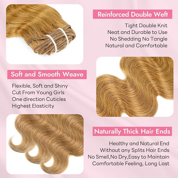 Clip in Hair Extensions Real Human Hair Body Wave 27 Honey Blonde Clip in 100% Brazilian Remy Human Hair Extensions 8pcs Per Set with 18 Clips Double Weft 20 Inch 105g/3.6oz
