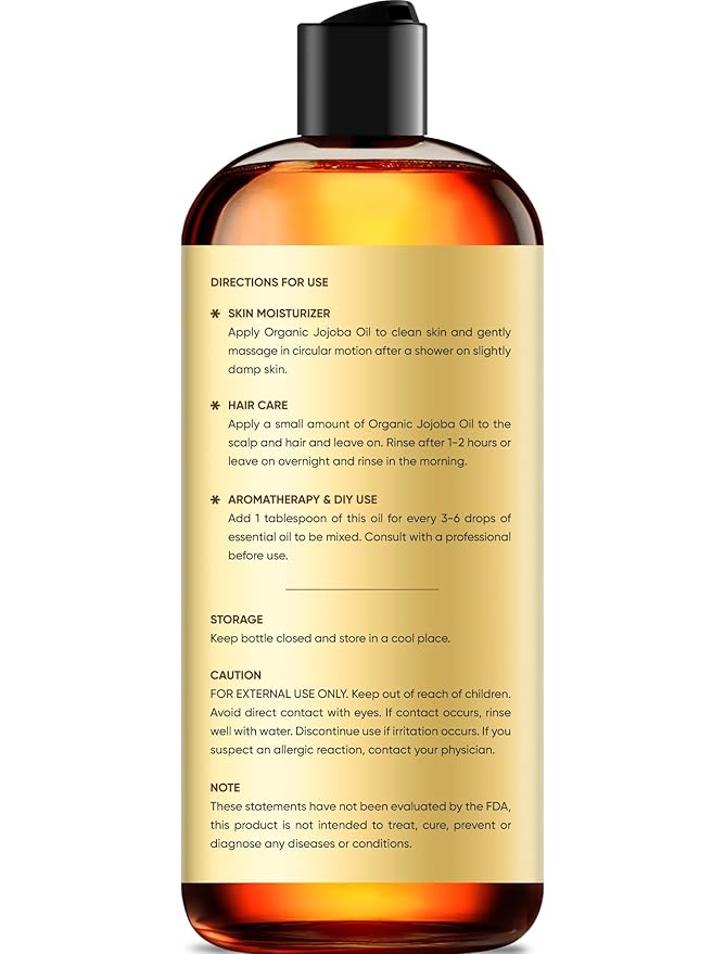 Brooklyn Botany Cold-Pressed Organic Jojoba Oil | for Skin, Hair and Face | 8 Fl Oz | 100% Pure and Natural | Carrier Oil for Essential Oils, Aromatherapy and Massage | Hexane Free