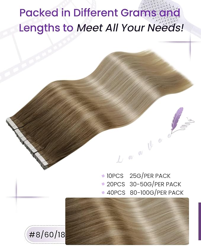 LaaVoo Tape in Extensions Human Hair Balayage Brown to Ash Blonde Mix Platinum Blonde Tape in Hair Extensions 100g 24 Inch 40pcs