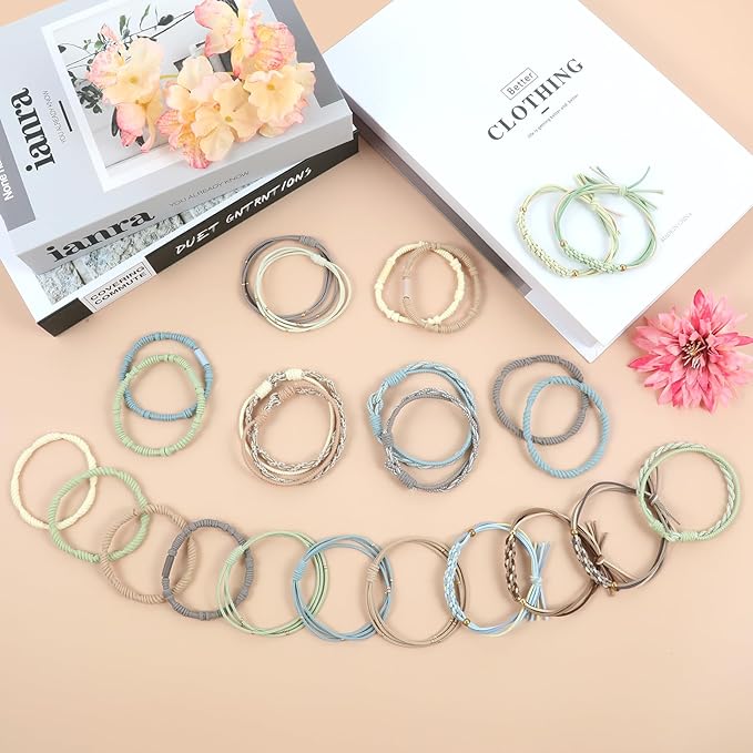 Boho Hair Ties with Beads, 25 PCS 5 Styles Cute Elastic Hair Bands for Thick or Thin Hair, No Damage Hair Tie Bracelets in Blue for Girls and Women