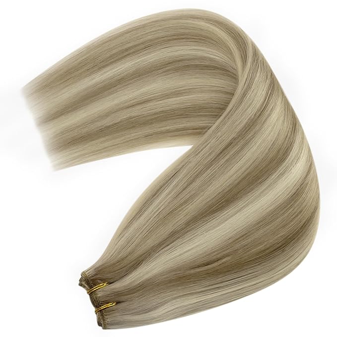 YoungSee Weft Hair Extensions Brown Blonde Sew in Hair Extensions Real Human Hair Light Brown with Blonde Highlight Sew in Extensions Long Straight Hair 22Inch 100G