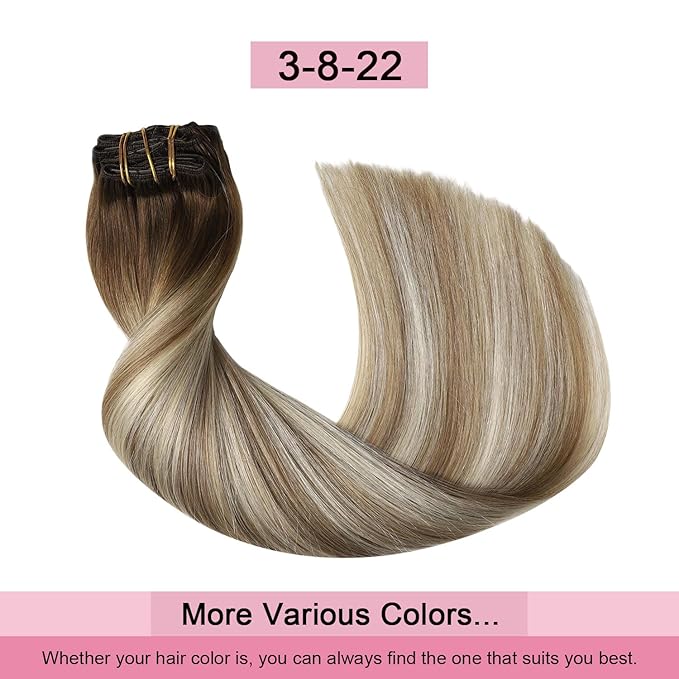 Pro2.0 Remy Real Human Hair Extensions Clip ins 120g Thick 7pcs #3/8/22 Walnut Brown to Ash Brown and Golden Blonde Remy Clip in Hair Extensions Real Human Hair 16inch（#3/8/22-16inch）
