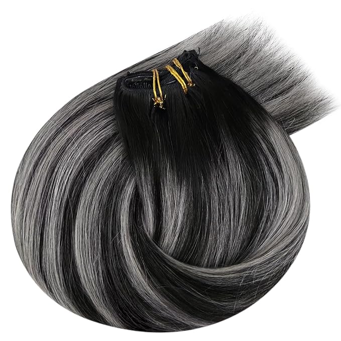 Ve Sunny Clip in Hair Extensions Real Human Hair Black Real Hair Extensions Clip ins Human Hair Grey Silver Clip in Extensions Real Human Hair Comfortable 7pcs 120g 22inch