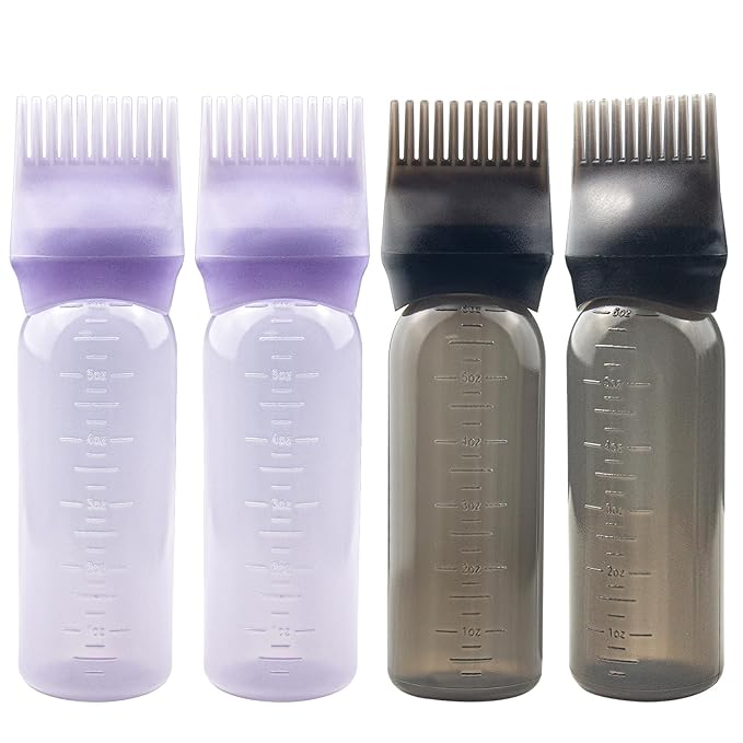 4 PCS Root Comb Applicator Bottle, Hair Oiling Applicator Bottle for Hair Dye & Shampoos - 6oz (2 Purple + 2 Black)