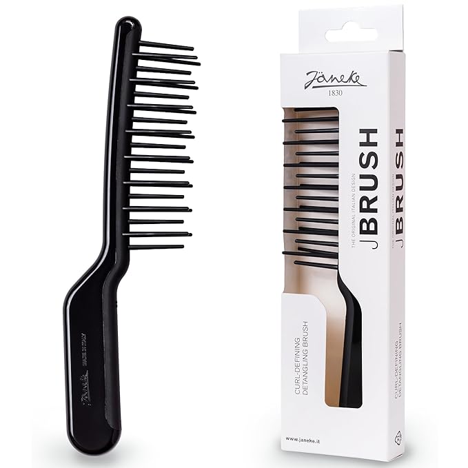Janeke J-Brush Detangling Comb for Curly and Wavy Hair – Wide Tooth J-Shape Brush for Wet and Dry Use – Anti-Frizz, Lightweight and Gentle on Scalp – Made in Italy Professional Styling Tool (Black)