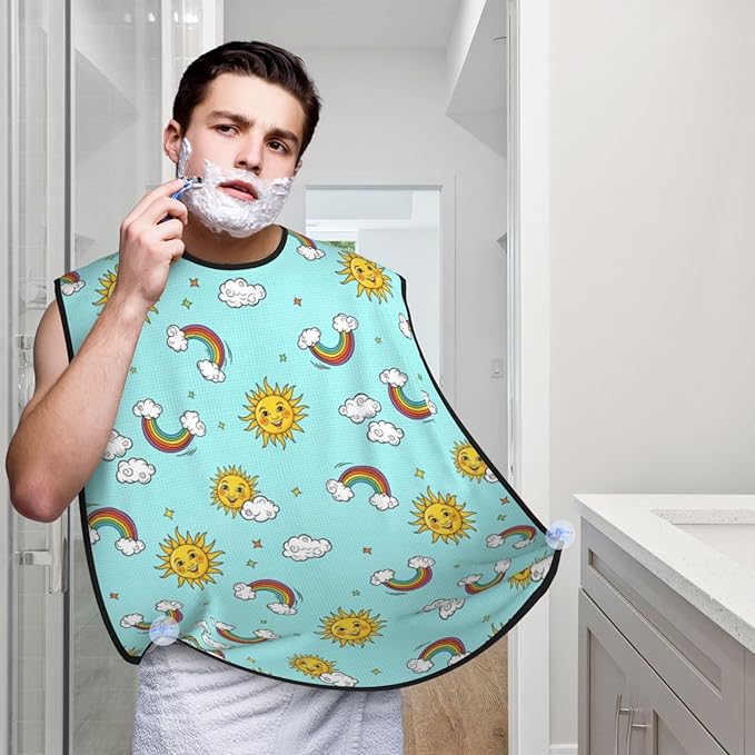 Adjustable Beard Catcher Apron, Boho Style Clouds Hippie Sun Rainbow Shave Bib, Non-Stick Waterproof Grooming Bib, Shaving Essential for Men Dad Christmas