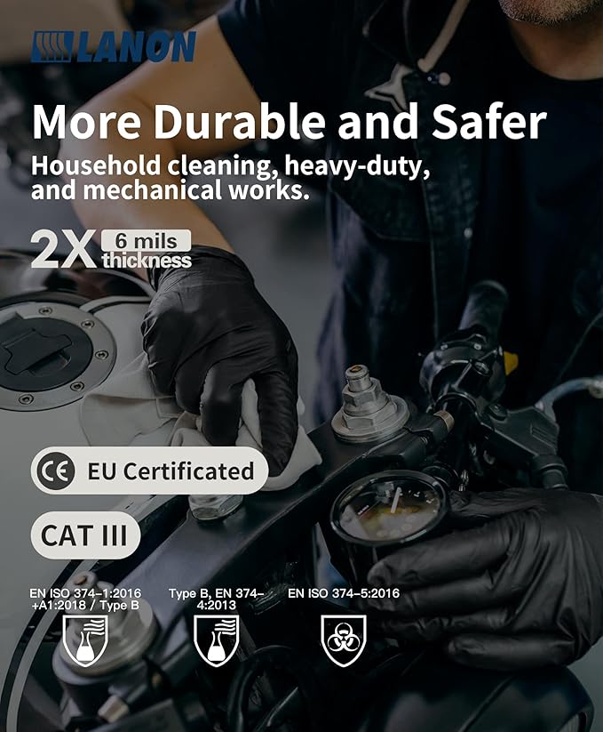 LANON 6-mil Black Nitrile Disposable Gloves, Food-Safe, Powder-Free, Heavy-Duty, Textured Fingertips, Latex-Free, Medium