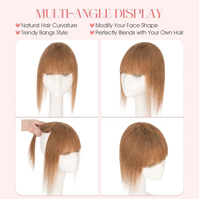 Hairro Mono Hair Toppers with Bangs, 3.4" x 3.4" Mono Base 100% Real Human Hairpieces for Women, 150% Density Clips In Topper for Greyish Thinning Hair, 16 Inch Blondish Brown