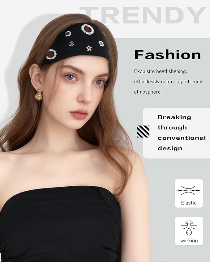 Grommet Headband for Women, Black Star 23cm Hollow Out Elastic Hair Band, Eyelets Punk Grunge Stylish Hairband