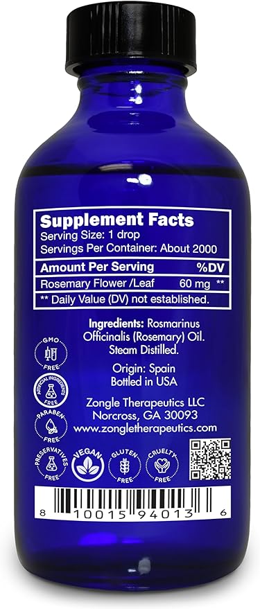 Rosemary Oil, Food Grade, for Hair, Growth – 100% Pure, Edible, Rosemary Essential Oil, by Zongle Therapeutics, 4 OZ